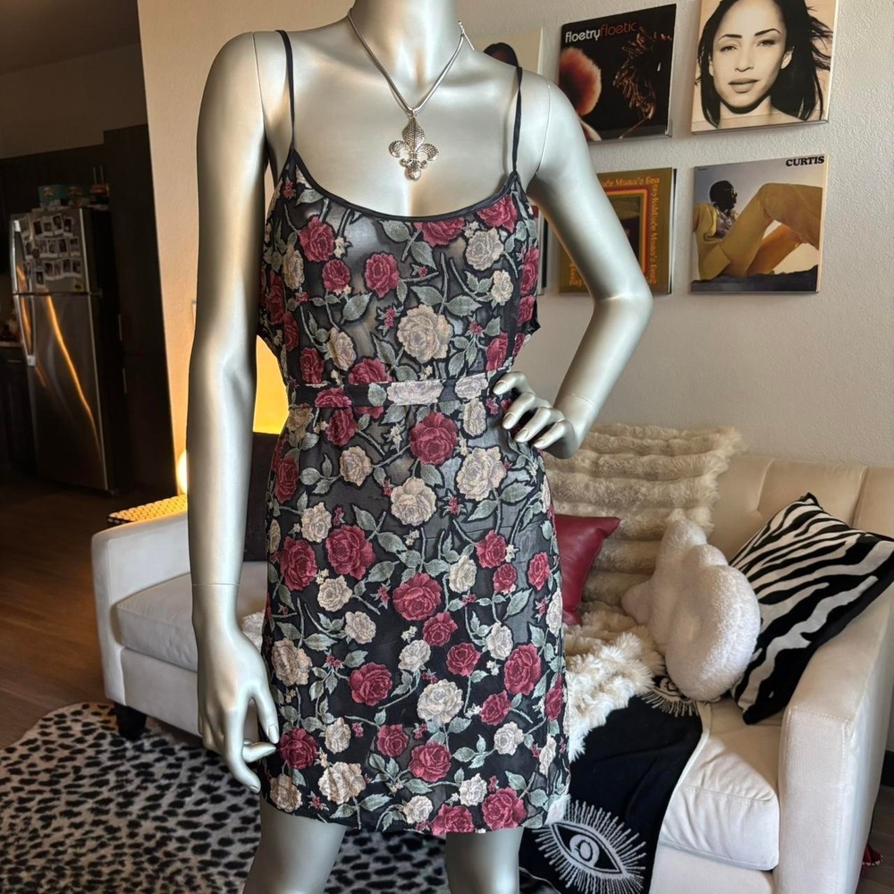 Vintage 90s Sheer Rose Floral Mesh Slip Dress Cottagecore 🌿